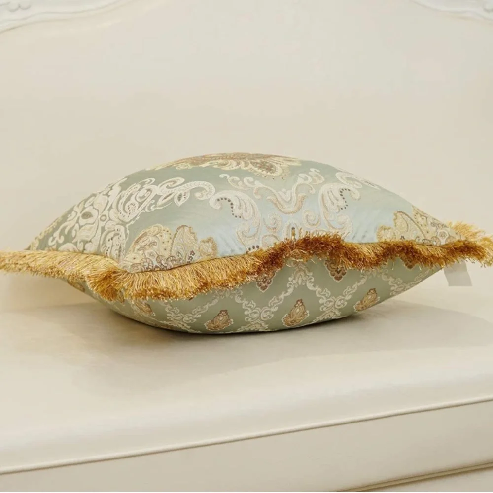 Luxury Home | Elegant Aqua & Gold Jaquard Embroidered Fringe Throw Pillow Cover